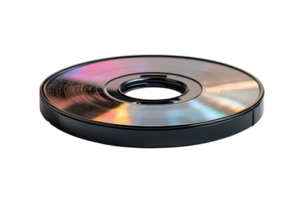 Reflective compact disc resting on a plain surface showcasing colorful light patterns in a bright setting png