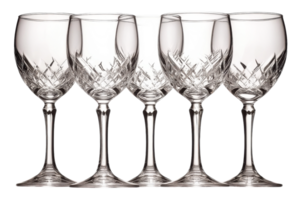 Elegant crystal wine glasses arranged in a row with intricate designs showcasing their craftsmanship and clarity png