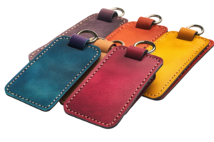 Leather keychains in vibrant colors displayed on a white background for showcasing craftsmanship and design png