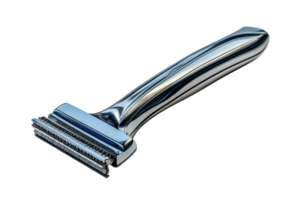 Shiny metal razor designed for close shaving displayed on a plain background png