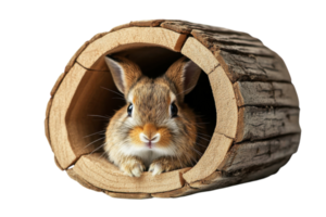 Rabbit resting inside a wooden log during daylight hours in a cozy setting png