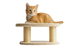 Cute orange cat relaxing on a scratching post in a bright indoor space png