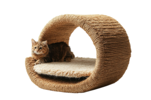 Stylish cat lounging on a modern woven cat bed in a minimalist indoor setting png