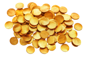 Collection of shiny golden coins scattered across a white surface creating a vibrant visual appeal for decorative use png
