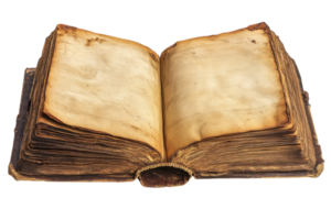 Old open book resting on a flat surface showcasing its worn pages and textured cover in a well-lit environment png