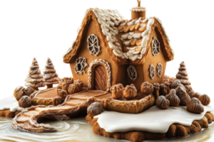 Gingerbread house decorated with icing and surrounded by winter scenery featuring trees and a pathway png