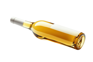 Wine bottle with golden liquid tilted on its side showcasing its elegant shape and color png