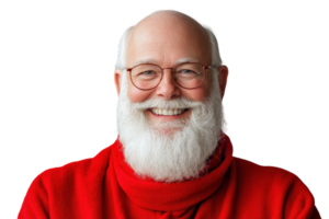 Smiling man with a white beard wearing a red sweater enjoys a cheerful moment indoors during winter png