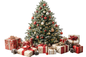 Festive Christmas tree adorned with decorations and surrounded by colorful wrapped presents png