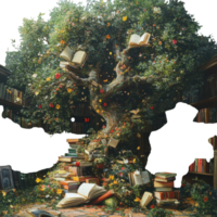 Enchanted tree with open books and flowers in a magical library setting during daylight png