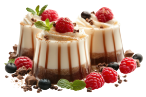 Delicious dessert cups with layers of cream, chocolate, and fresh berries for a sweet treat png