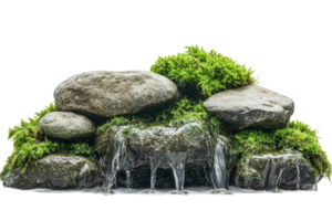 Rock formation with flowing water and green moss in a tranquil setting near a stream png