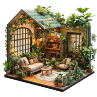 Cozy indoor garden with lush plants and warm lighting creating a serene atmosphere in a miniature setting png