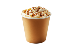 Delicious creamy beverage topped with whipped cream and spices in a disposable cup png