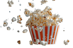 Popcorn bursts out of a striped paper container in a playful display of texture and motion png