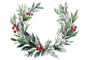 Festive botanical wreath featuring green leaves and red berries arranged in a circular design for seasonal decoration png
