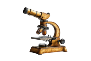 Vintage microscope resting on a wooden desk illuminated by natural light in a laboratory setting png