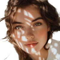 Young woman with captivating eyes poses against sunlight creating shadow patterns on her face png