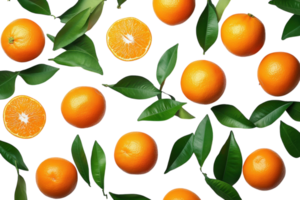 Fresh oranges and citrus leaves arranged on a bright white background showcasing seasonal fruit display png