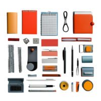 Office supplies arranged in an organized and visually appealing layout on a clean background png