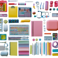 Colorful stationery assortment arranged neatly on a flat surface, showcasing various writing instruments and organizational tools png