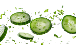 Fresh cucumber slices in motion, showcasing their vibrant green color and textures against a crisp white background png