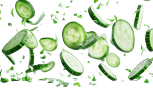 Fresh cucumber slices and leaves floating in the air create a vibrant display of healthy ingredients for cooking png