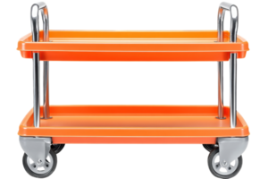 Modern orange utility cart with double tiers and wheels for easy movement in various settings png
