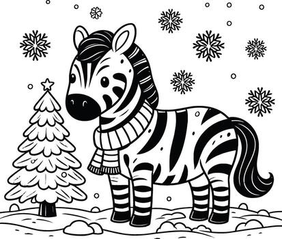 A zebra in a scarf and hat standing in front of a christmas tree vector