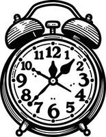 An alarm clock is shown in black and white vector