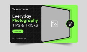 Daily photography tips and tricks thumbnail banner design, trendy photography techniques cover banner design, editable eps 10 file format vector