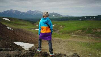 Adventure In Mountains, Rear View Of Inspired Woman Traveler Enjoying Beautiful View From Mount Top video