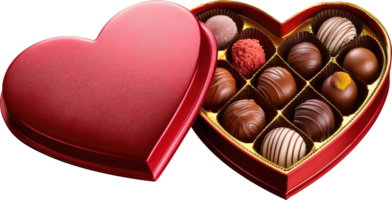 A red heart-shaped chocolate box set with assorted truffles png