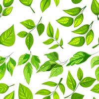 seamless pattern features various shades and shapes of green leaves against a white background. Perfect for nature-themed designs, eco-friendly packaging, and botanical illustrations vector