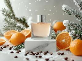 White perfume bottle standing on white podium with snow, oranges, orange peels, coffee beans, spruce branches on marble table. Minimalistic photo style.