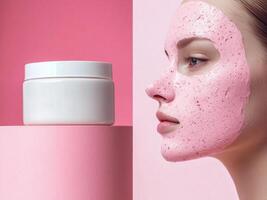 White cosmetic mask jar on bold pink background with a young woman's face in pink clay mask. Minimalistic photo style.