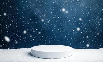 White round podium with heavy snow falling around. Dark blue background with snowflakes and glitter. Festive minimalistic winter background. photo