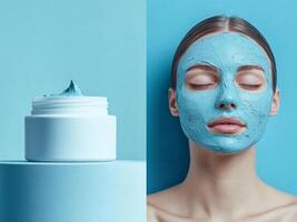 White jar of cream on pastel blue podium with woman's face in blue clay mask. Minimalistic photo style