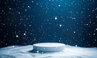 White round podium with snow falling around. Marine blue background with snowflakes and glitter. Festive minimalistic winter background. photo