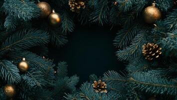 Dark winter festive background with fir branches, gold and brown baubles, cones. Christmas holiday frame. photo