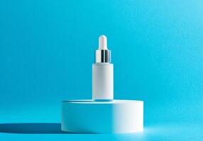 White cosmetic bottle on a bright blue background stands on the podium. Minimalistic photo style.