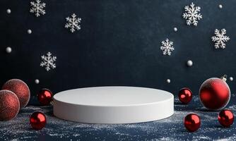 White round podium with red Christmas ornaments on dark blue background, snowflakes and glitter around. Festive minimalistic winter background. photo