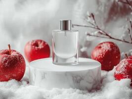 Transparent wide perfume bottle on white podium on marble table. Snow and frosty red apples around. Minimalistic photo style.