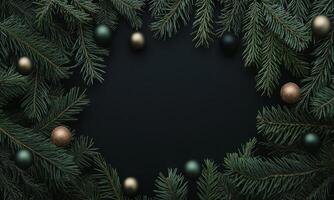 Dark winter festive background fir branches, gold and green baubles. Christmas holiday frame. photo