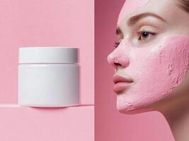 White jar of creamy mask on a pastel pink background stands on the podium. Beautiful female face profile in pink clay mask. Soft pink and white colors. photo