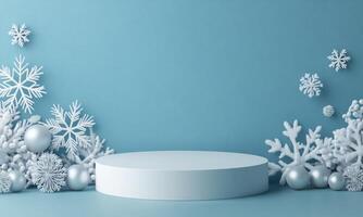 White round podium with white and silver baubles around. Pastel blue background with snowflakes and glitter. Festive minimalistic winter background. photo