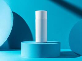A white cosmetic toner bottle on a bright blue background stands on the podium. Minimalistic photo style.
