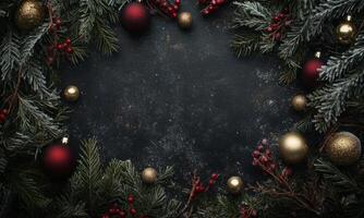 Dark winter festive background with frosted fir branches, red berries, gold and red baubles. Christmas holiday frame. photo