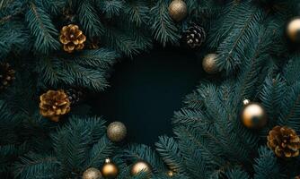 Dark winter festive background with fir branches, gold and brown baubles, cones. Christmas holiday frame. photo