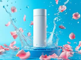 A white cosmetic toner bottle on a bright blue background stands on the podium. Splashes of water and flower petals flying around. Minimalistic photo style.
